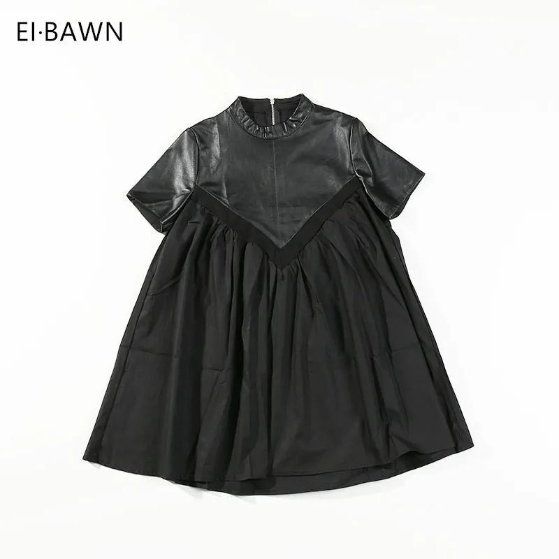 

2019 Fashion Black Leather Dress Women Sheepskin Vintage Loose Plus Size Casual A-line Dress Short Sleeve Genuine Leather Dress
