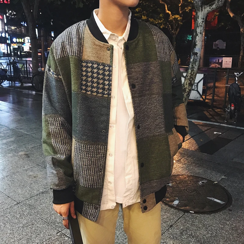 Woolen Plaid Bomber Jacket Men Fashions Hip Hop Streetwear Winter Jacket Men Coat Men Jacket Coat 5XL 2019 Sping New
