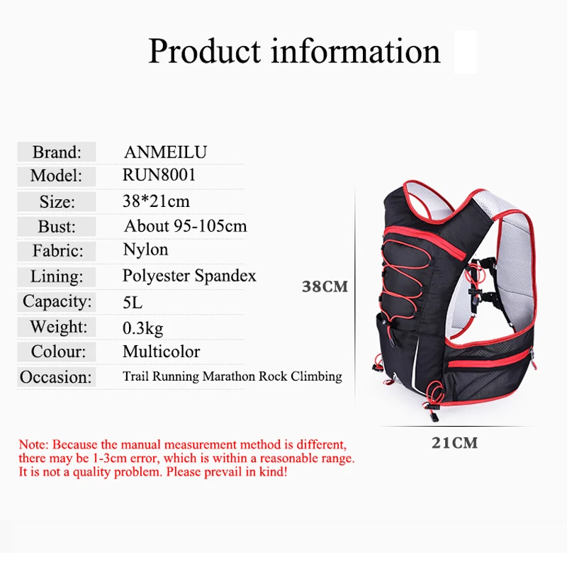 ANMEILU Camping Backpack 5L Waterproof Sports Backpack 2L Water Bag Marathon Running Climbing Cycling Hydration Backpack