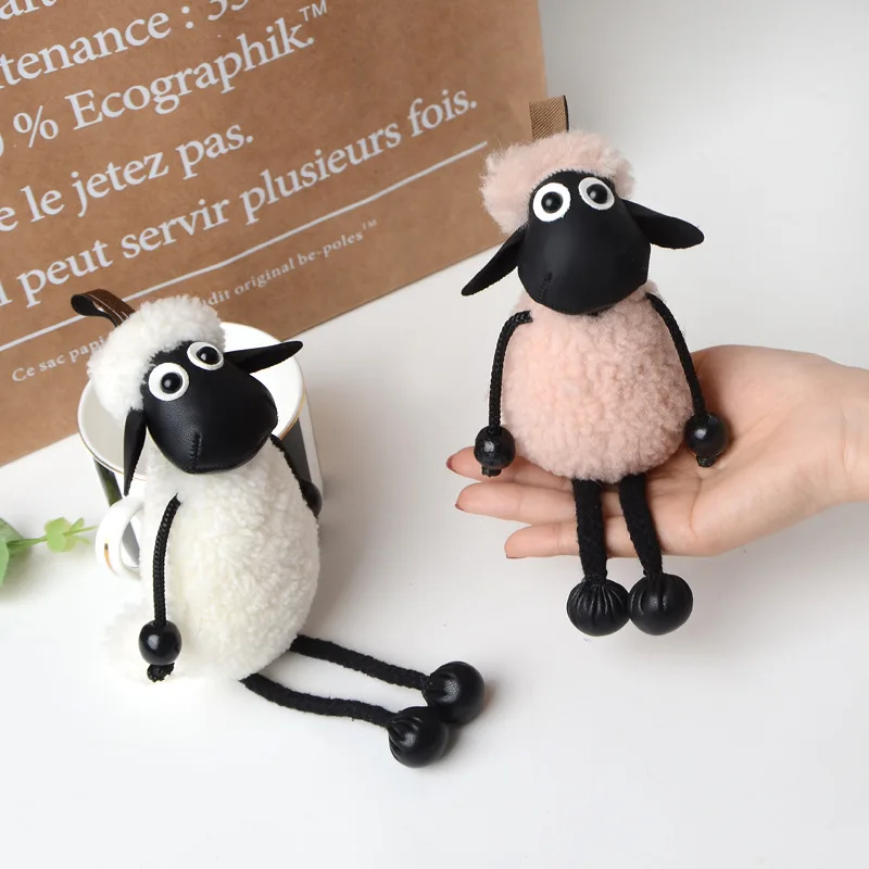 

Hot Sell Sheep Shaun Key Car Key Ring Monster Keychain Jewelry chain Pompom Real Lambs Mongolia Wool Fur Genuine Gift