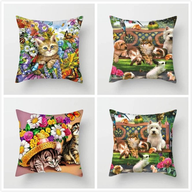 

Fuwatacchi Cats Dogs Throw Pillow Pets World Cushion Cover Covers Playing with Poppy Kitty Pillowcases For Sofa Decor 2019