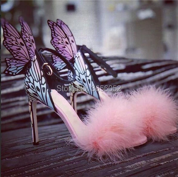 Papillon Plume Sandalias Haute Femmes Qianruiti Talons D'été Chaussures Dames Pic Doux Multicolore Ailes As Rose Mujer Fourrure Sandales Mince z6wq6YPrf
