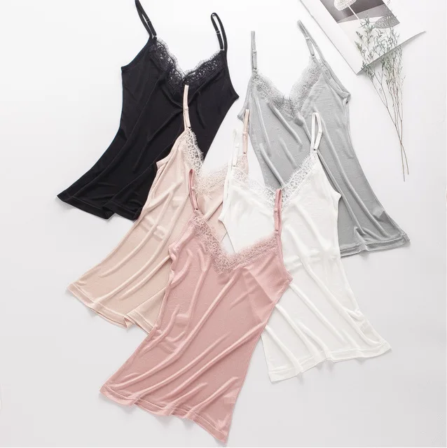 

Solid Color Pure Silk Tanks Women Lace Patchwork Camis V Neck 100% Soft silk Female Basic Straight Vestidos Tops Size M-XL WQ165
