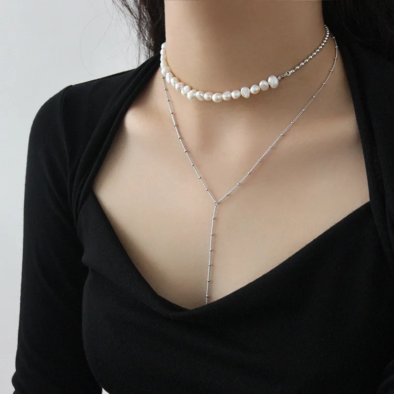 SHANICE INS Trendy S925 Sterling Silver Baroque freshwater pearl bead chain 925 sterling silver choker charm necklace silver necklace silver necklace charms