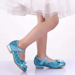 Принцесса дети кожаные туфли для девочек цветок повседневная блестящая детская обувь на высоком каблуке для девочек бабочка узел Синий