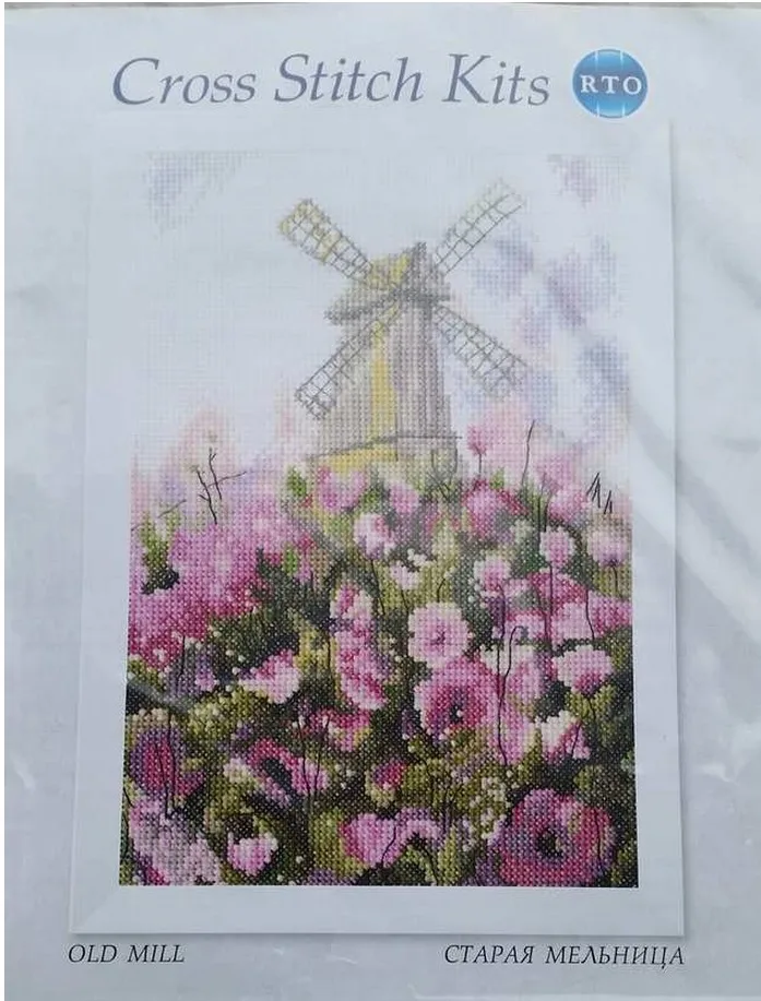 cs-2392 Cross Stitch Kit Old Mill Windmill and Papaver Poppy Pink Flower Flowers landscape