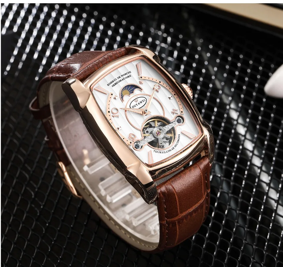 Роскошные OYW модные автоматические мужские механические часы Tourbillon деловые часы Tonneau Форма кожаные Наручные часы Relojes Hombre