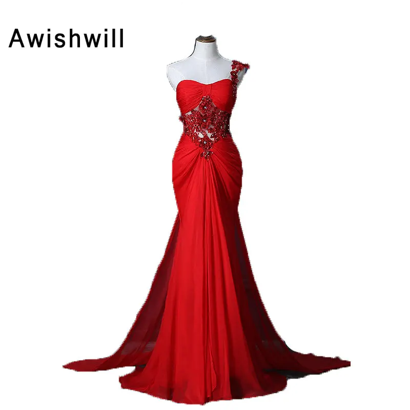 

Real Picture Vestido de Noche Largo Red Evening Dress One Shoulder Beaded Applique Chiffon Mermaid Prom Dress With Long Train
