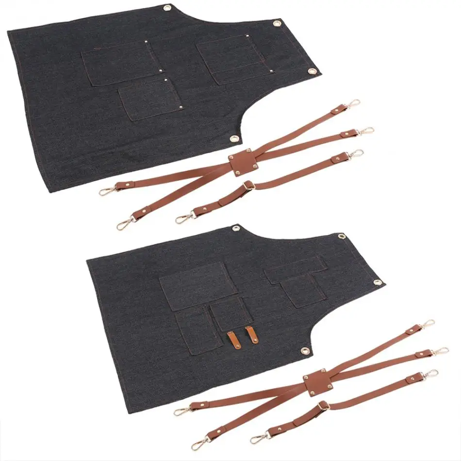 

Denim Bib Apron Leather Strap Baker BBQ Chef Work Cook Uniform Kitchen Cooking For Woman And Man Restaurant work