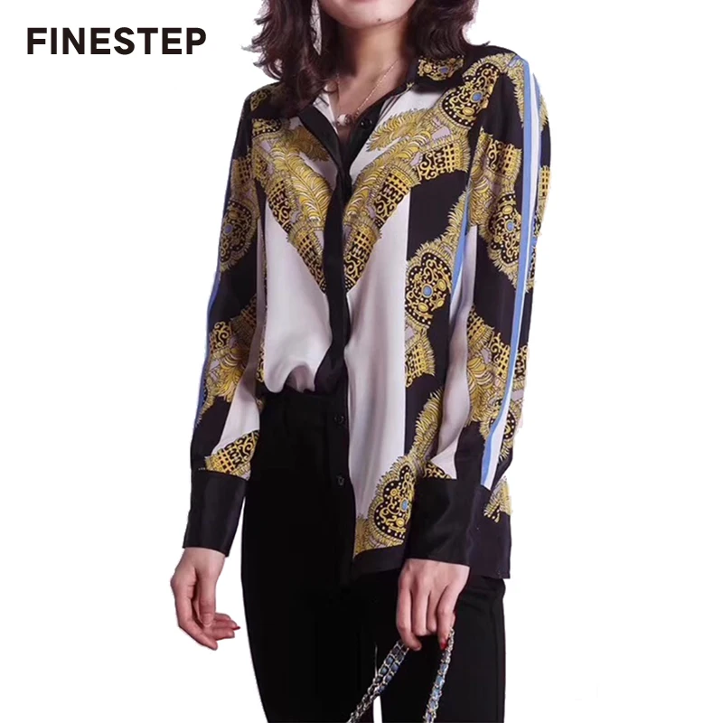 

Top Brand Blouses for Women Real Silk Blouse 2019 Geometric Blouse with Long Sleeve Female Famous Blouse and Tops Casual