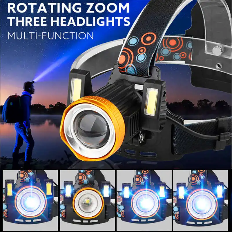 

15000LM 1x XM-L T6 LED +2xCOB led flashlight rechargeable 18650 powerful led flashlight Head Light Torch #4A27