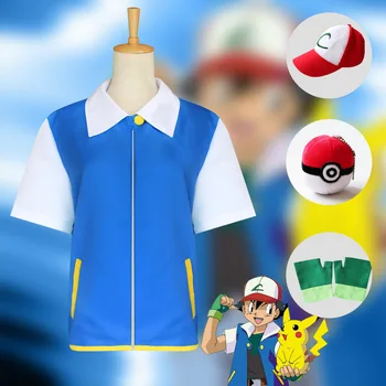 

High Quality Pokemon Ash Ketchum Cosplay Costume Blue Jacket + Gloves + Hat Ash Ketchum Costumes Free shipping