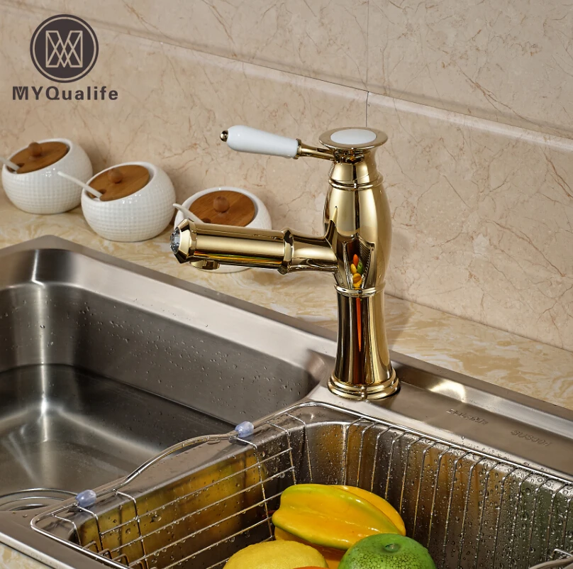 

Deck Mount Golden Pull Out Sprayer Kitchen Mixer Tap One Hole Kitchen Sink Faucet