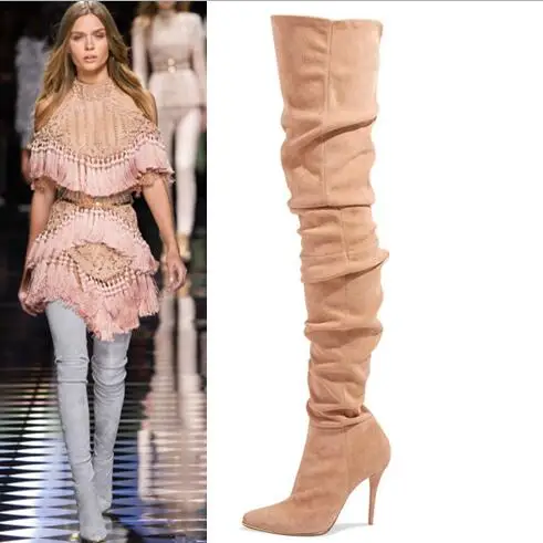 

zipper sexy thigh high boots beige suede pointed toe women high heels over the knee boots shoes autumn for women plus size 43