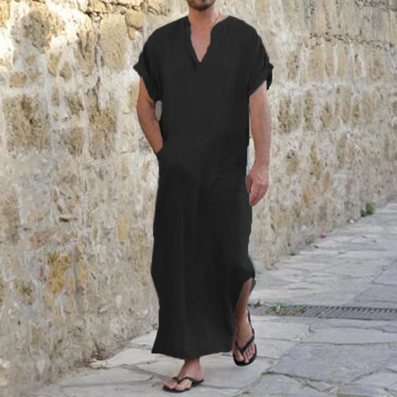 INCERUN хлопок Арабский стиль халат платье для мужчин короткий рукав v-образный вырез полная длина рубашки для отдыха мужское платье размера плюс S-5XL пижамы - Цвет: Black