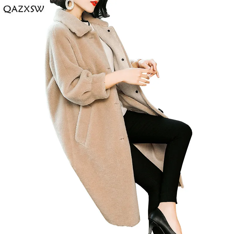 QAZXSW Sheep Sheared Coat Double-faced Fur Long Coats Womens Winter Fashion 2018 New Particles Lamb Warm Outerwear LD199 | Женская