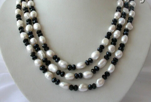 

FREE SHIPPING>>>@@ AS1968 3rows 9-10mm baroque white freshwater cultured pearl black agate necklace