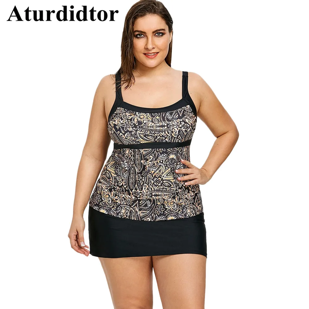 Plus Size Tankini Tropical Leaf Print Two Piece Swimsuit With Skirt