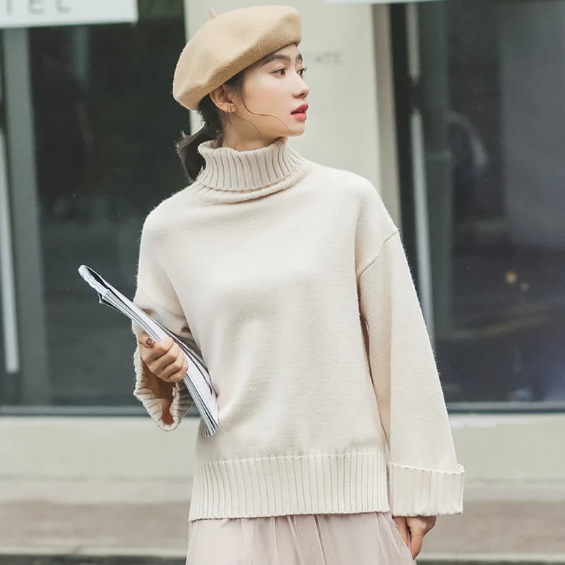 Осенне-зимние пуловеры, одежда для женщин, корейский Свободный Однотонный свитер с высоким воротником для девочек, повседневные топы с