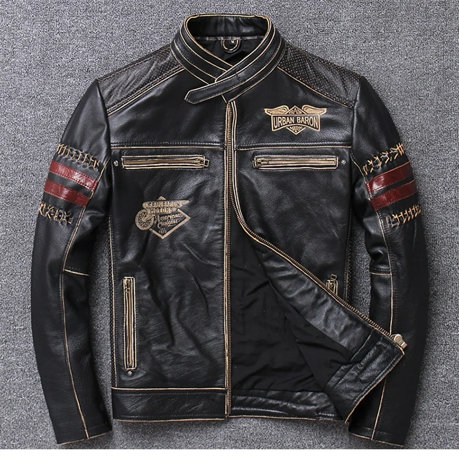 

Free shipping 1pcs Men's Vintage Genuine Cowhide Leather Stylish Jacket Motocross Biker Slim Fit Motorcycle Jacket