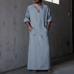 Мужские рубашки халат платье с длинным рукавом 100% хлопок v-образный вырез полная длина исламский арабский кафтан одежда Ropa Hombre