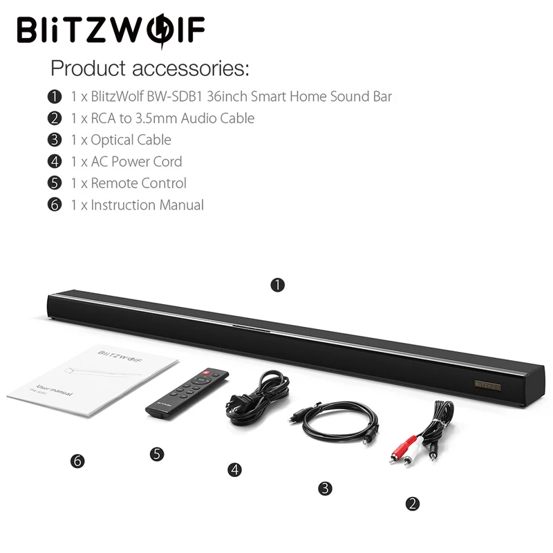 BlitzWolf 60 Вт bluetooth Звуковая Панель ТВ динамик проводной и беспроводной 36 дюймов 2 0