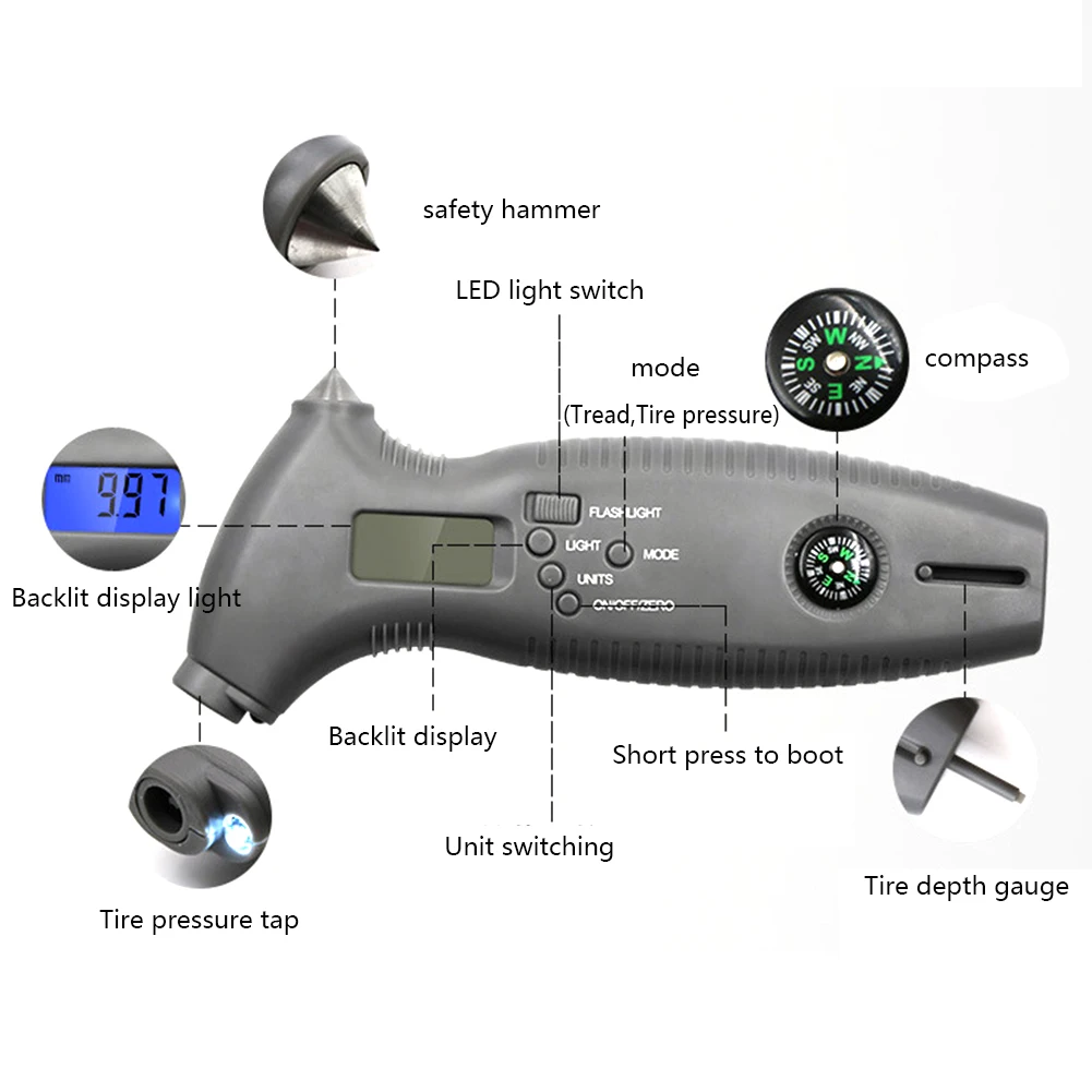 8 в 1 Multi-functional колесная шина давление тестер инструменты цифровой шин манометр с Детская безопасность молоток подсветка резак