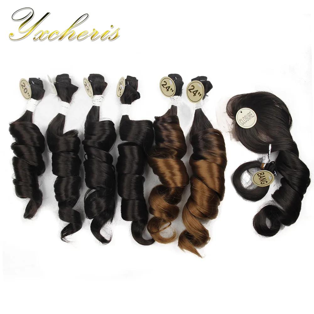 YXCHERISHAIR 8Pcs/pack Synthetic Loose Wave Hair Bundles with Closure and Bang 20