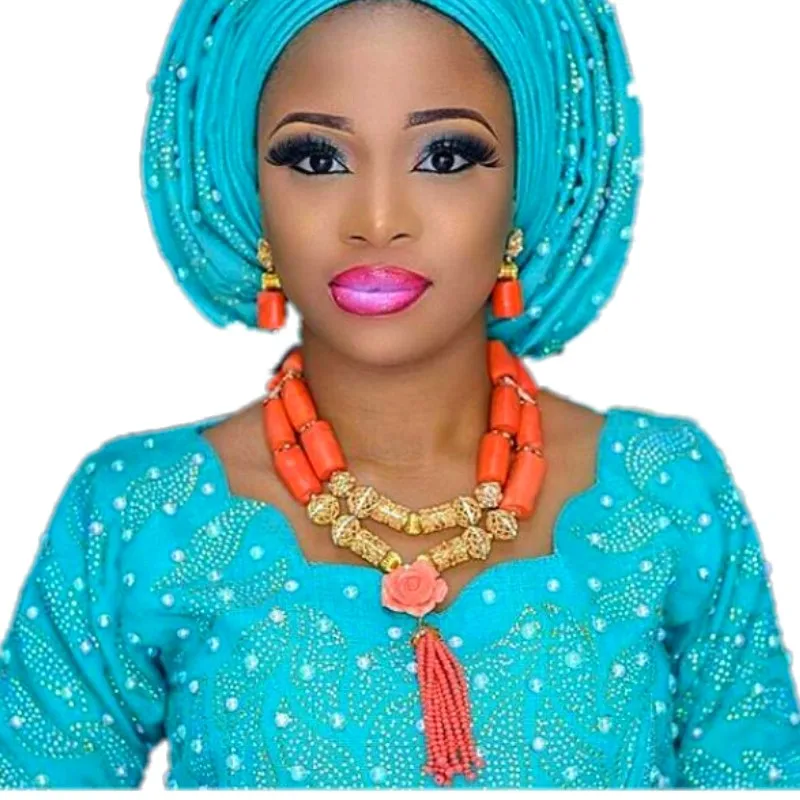 Нигерийский свадебный ювелирный набор для женщин, оранжевый кристалл и коралловые бусы, ювелирный набор, модный Дубай, ожерелье, набор ювелирных изделий