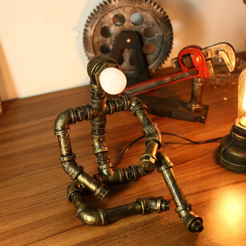 Retro Table Lamp Robot Iron Water Pipes Table Desk Lamp Vintage Farmhouse Industrial Home Luminaria Decor Table Lamp Vintage Led Table Lamps Aliexpress