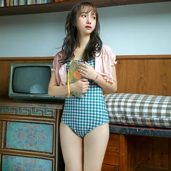 

Sexy One Piece Swimsuit 2019 Plus Size Womens Swim Wear Korean Red Women Chequered High Waist Plaid Polyester Sierra Surfer