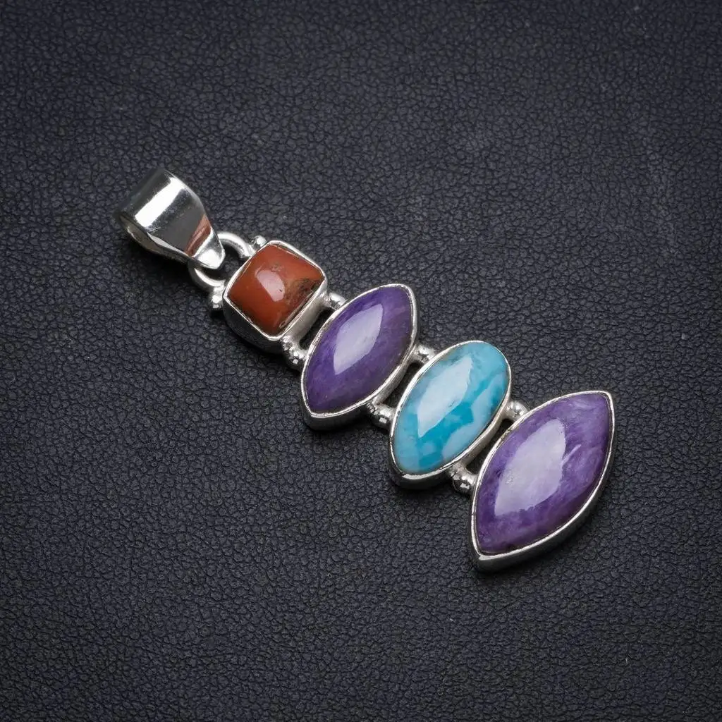 

Natural Charoite,Larimar andRed Coral Handmade Unique 925 Sterling Silver Pendant 1.75" X0589