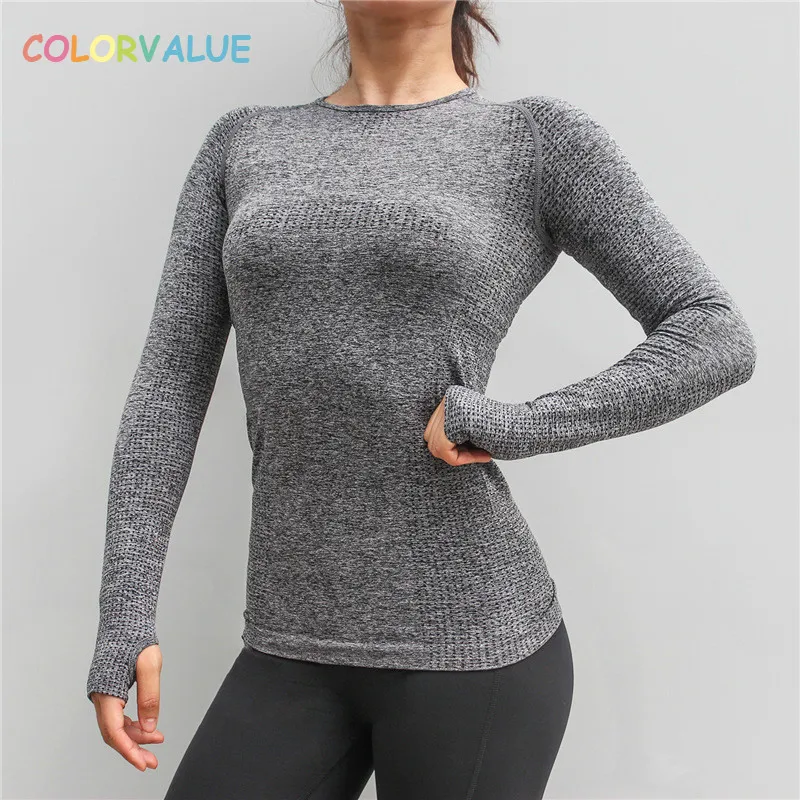 Beste Colorvalue Naadloze Lange Mouwen Workout Yoga Fitness Shirts Vrouwen Slim Fit Flexibele Atletische Training Jersey met Duim Gaten
