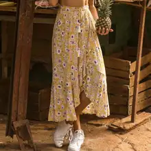 Богемные Цветочные желтые сексуальные женские юбки с кисточками повседневные пляжные летние юбки с разрезом и высокой талией Миди женские юбки Цветы