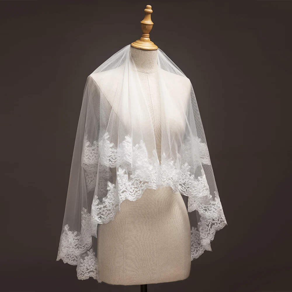 In stock! 1.2 M Two Layer Tulle Short wedding veil bridal veils with comb Applique Edge velos de novia 2019 wedding accessories