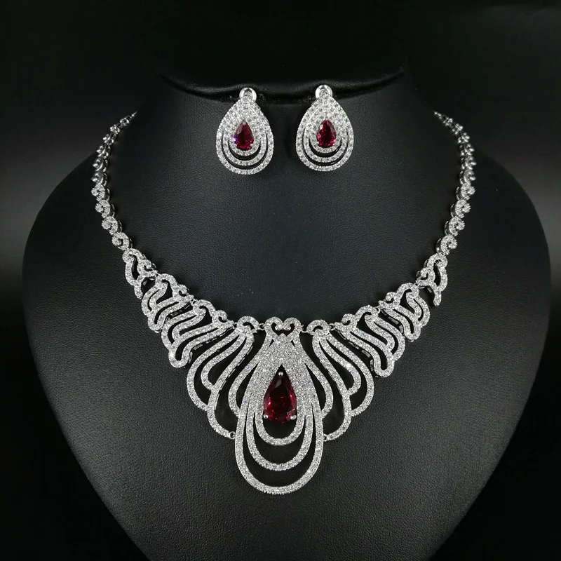 

2019 new fashion luxury retro red water drop zircon necklace earring set,wedding bride dinner party dress jewelry free shipping