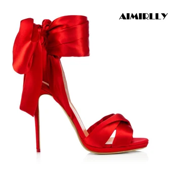 

Women Shoes Peep Toe High Heel Sandals Elegant Stilettos Lace Up Wedding Ceremony Evening Party Heels Black Red Satin