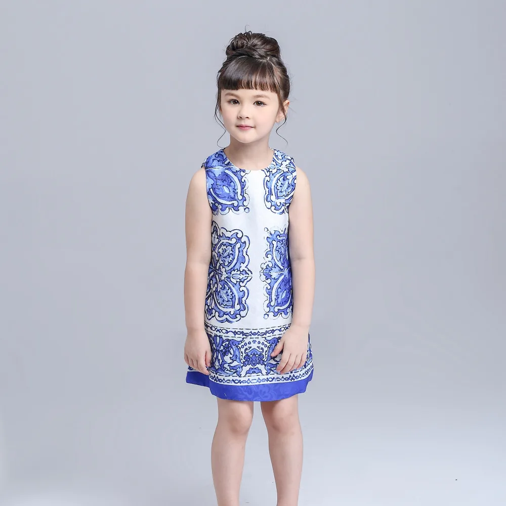 Kimocat Fashion Designer Chinese Girl Blue and White Porcelain A line Dresses | Детская одежда и обувь