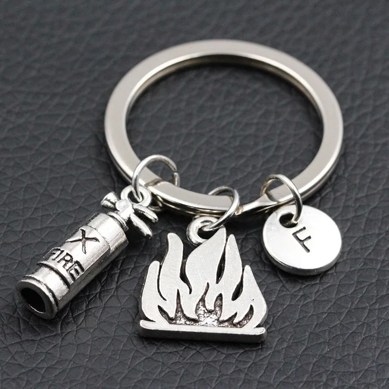 

2019 New Fire Extinguisher and Flame Keychain/Firemen Gift/Firefighter Gift/Personalized A to Z Letters Key Chain Keyrings