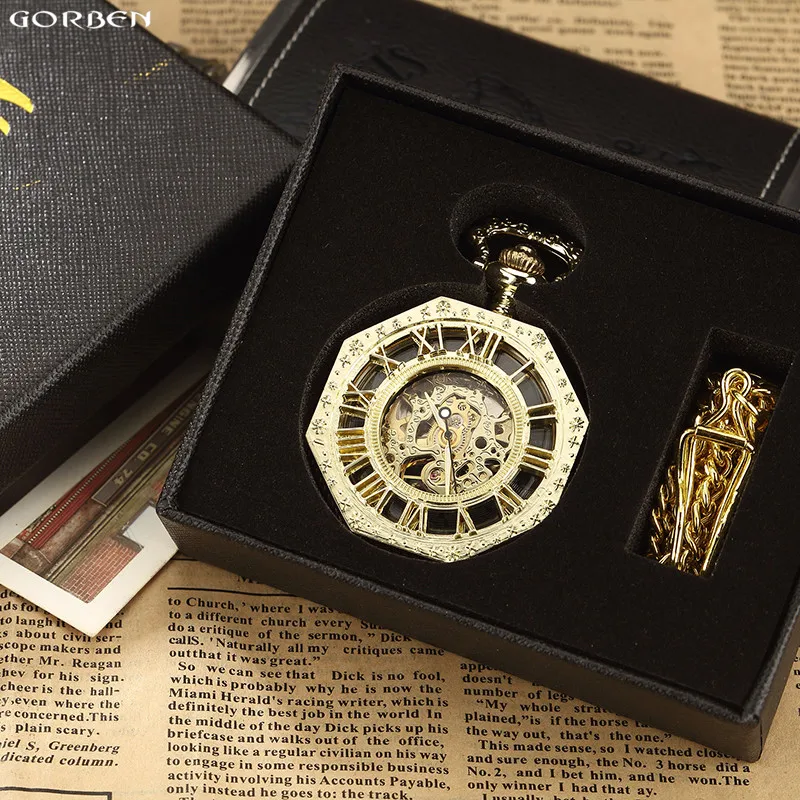 2020 New Classic Hexagonal Mechanical Pocket Watch FOB Chain Steampunk Roman Dial Skeleton Golden Hollow Steel Mens Pocket Watch