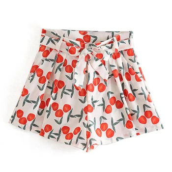 

fashion women Cherry print sashes flare shorts summer style casual ladies high waist loose shorts Summer