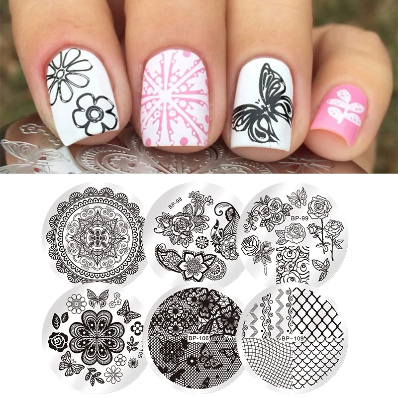 Круглая Пластина для стемпинга ногтей BORN PRETTY с бабочками и цветами 5 см|nail stamping