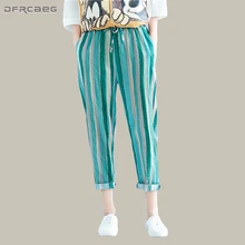 

Green Striped Print Women's Linen Harem Pants 2018 Summer Elastic Waist Big Size Trousers Female Casual Loose Nine Pants Femme