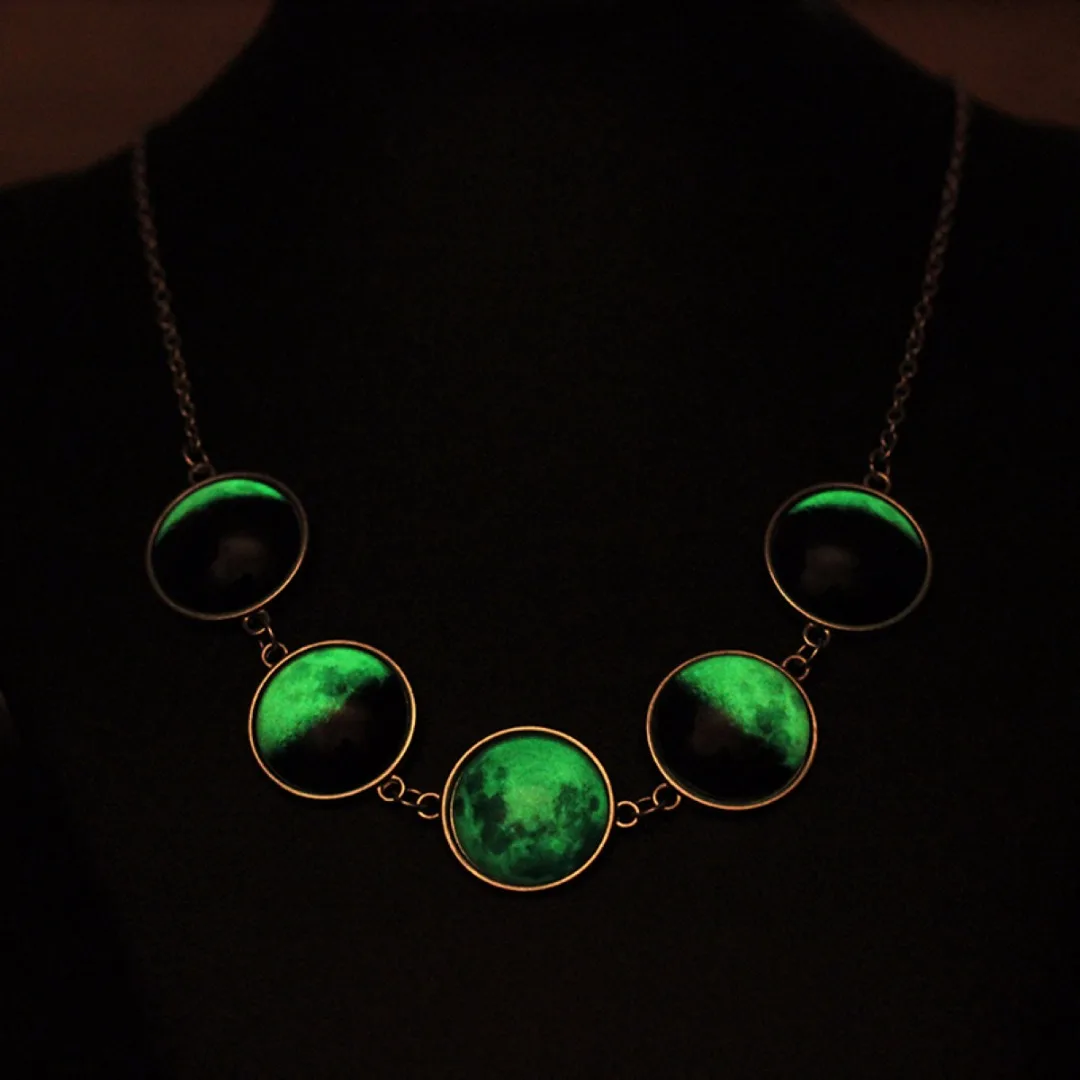 Luminous Glow in the Dark Lunar Moon Phase Glass Dome Cabochon Necklace