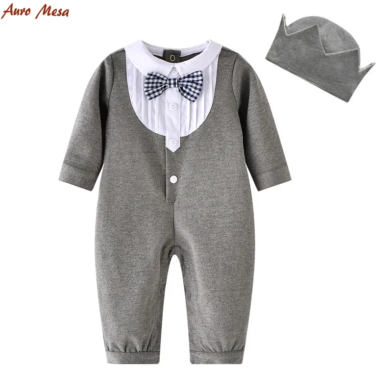 

Gentleman Baby Boy Romper With Imperial Crown Style Hat 100%Cotton Infant Birthday Party Onesie Prince Costume