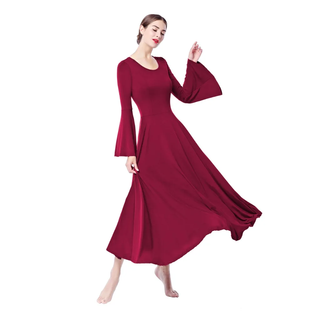 

2019 New Fashion Women Adult Ballet Dance Dress Bell Sleeve Ladies Modern Waltz Tango Ballroom Dancer Costume Plain Praise Dress