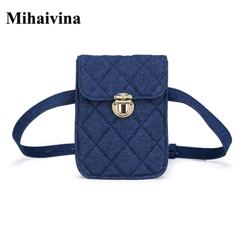 

Mihaivina New Denim Blue Wasit Bag For Women Small Phone Package Hip Fanny Pack Bags Travel Waist Belt Bags Wholesale