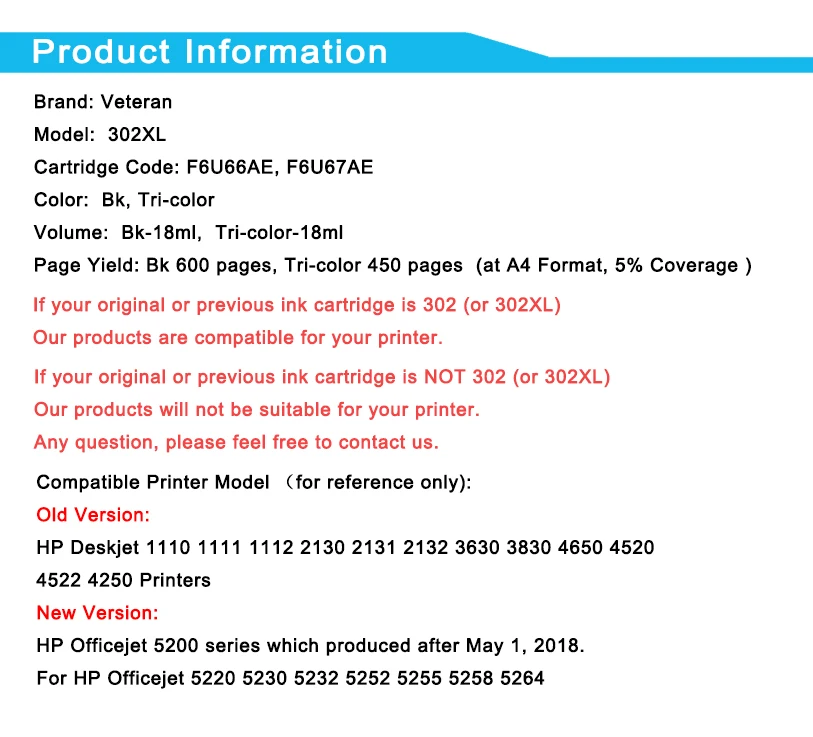 Ветеран 302XL чернильный картридж совместимый для hp 302 xl hp 302 картридж для hp Officejet 5220 5230 5232 5252 5255 5258 5264 принтер