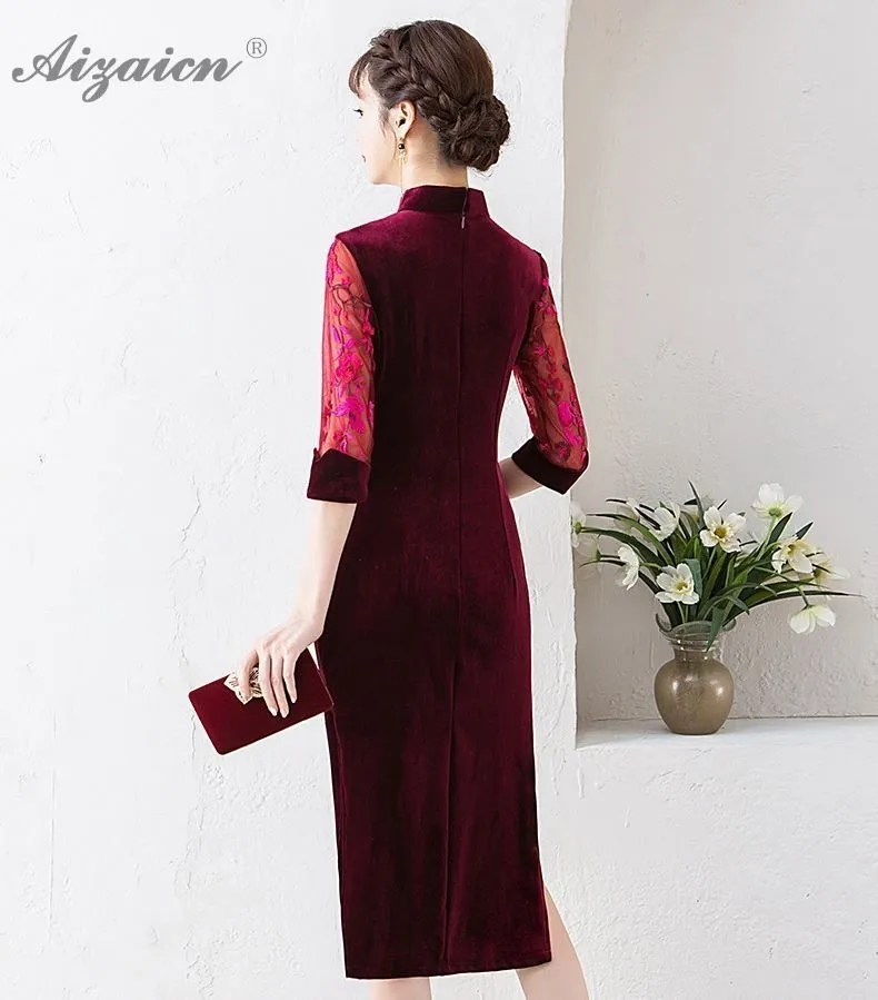 2019 nuevo de Cheongsam verde oscuro vestidos Chinoise bordado Long Qi Pao mujeres chino tradicional ropa vestido de noche