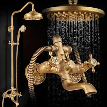 Cheap New Luxury Antique Brass Carving Rainfall Shower Sets Faucet Mixer Tap Tub Faucet Brass Bath & Shower Faucet Set Bathtub Faucet